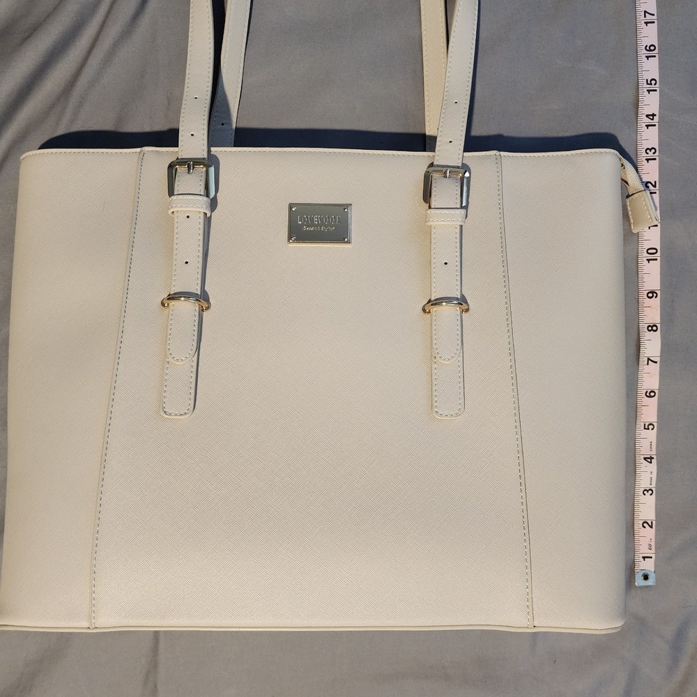 LOVEVOOK Pink-Beige Laptop Tote Bag Vegan Leather Work Bag Gold Hardware Large - Picture 3 of 9